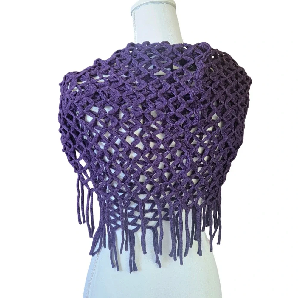Steve Madden Witchy Whimsical Goth Purple Open Knit Crochet Fringe Shawl Scarf